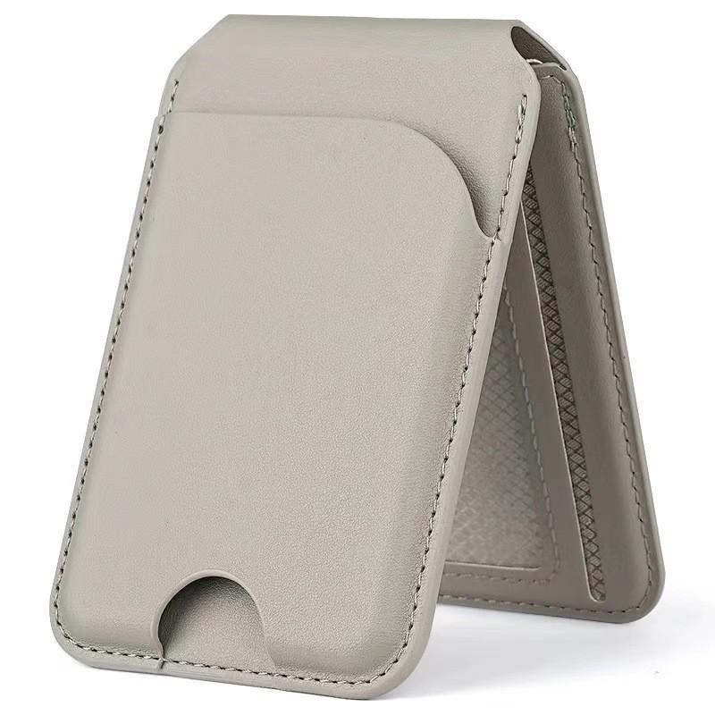 European Fashion Magnetic MagSafe Card Holder: Eco-Friendly PU Leather Folding Stand with Metal Hinge.