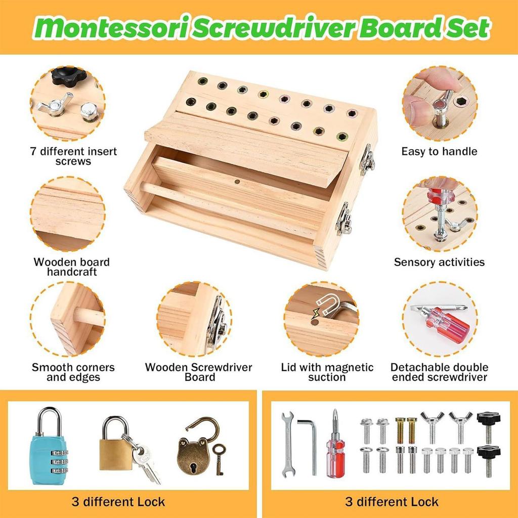 Giocattolo Montessori Tavola con Cacciavite Giocattolo in Legno Attività Chiave e Serratura per Imparare Giocattolo Educativo Sensoriale per Sviluppo Motricità Fine per Bambini Regali