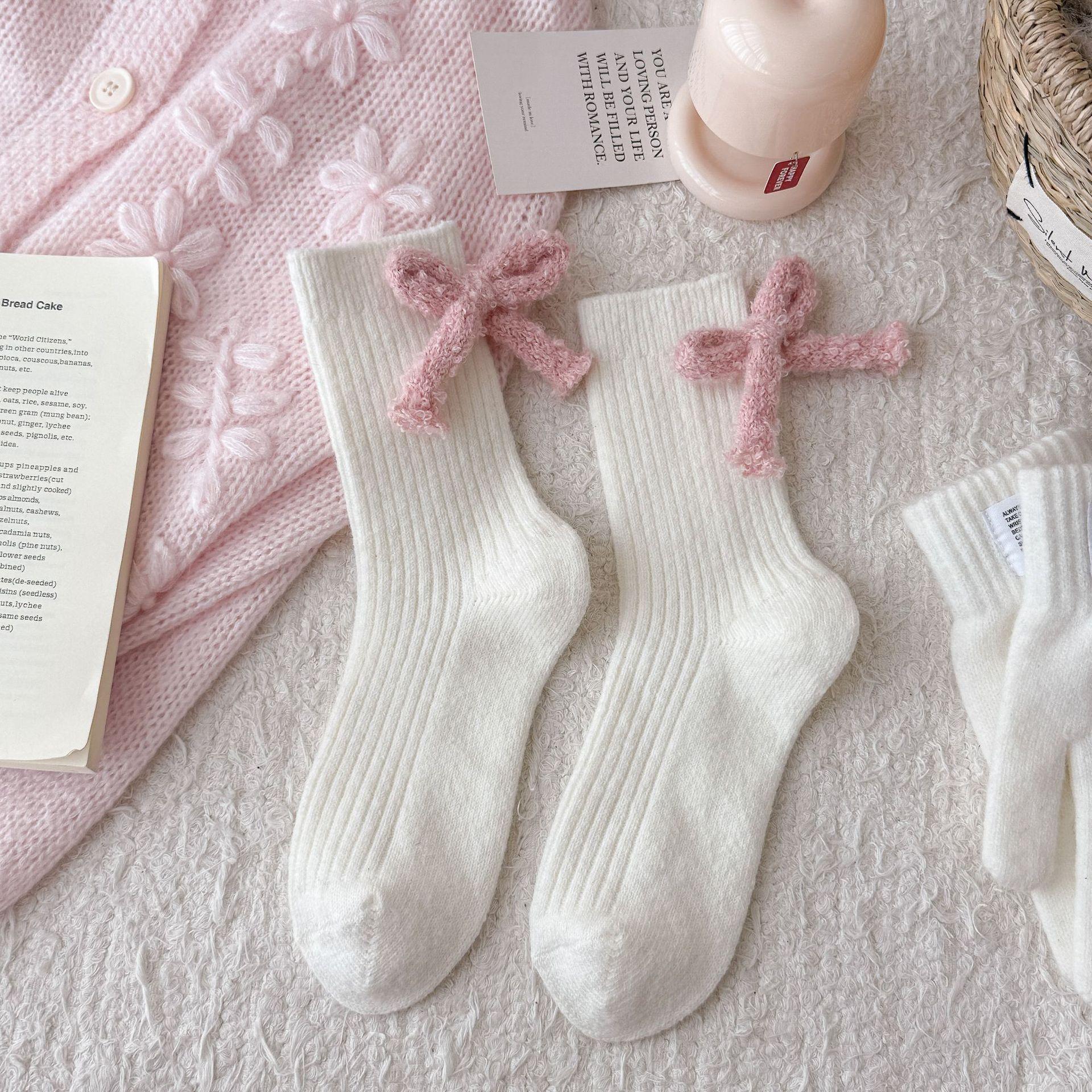 Pink Jewelry Socks Thickened Bow Winter Wool Stacking Socks Girls Socks Thermal Socks Children S Niche Women s size 35-39 молочный белый