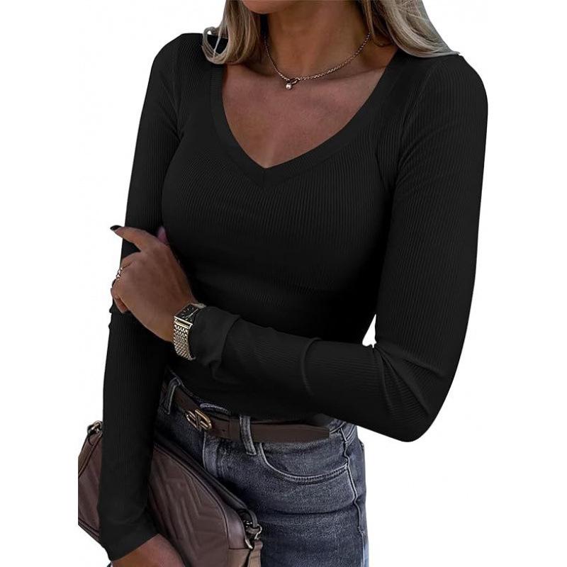 New Style Ribbed Texture Slim Fit V-neck Casual Women's Long Sleeve T-shirt