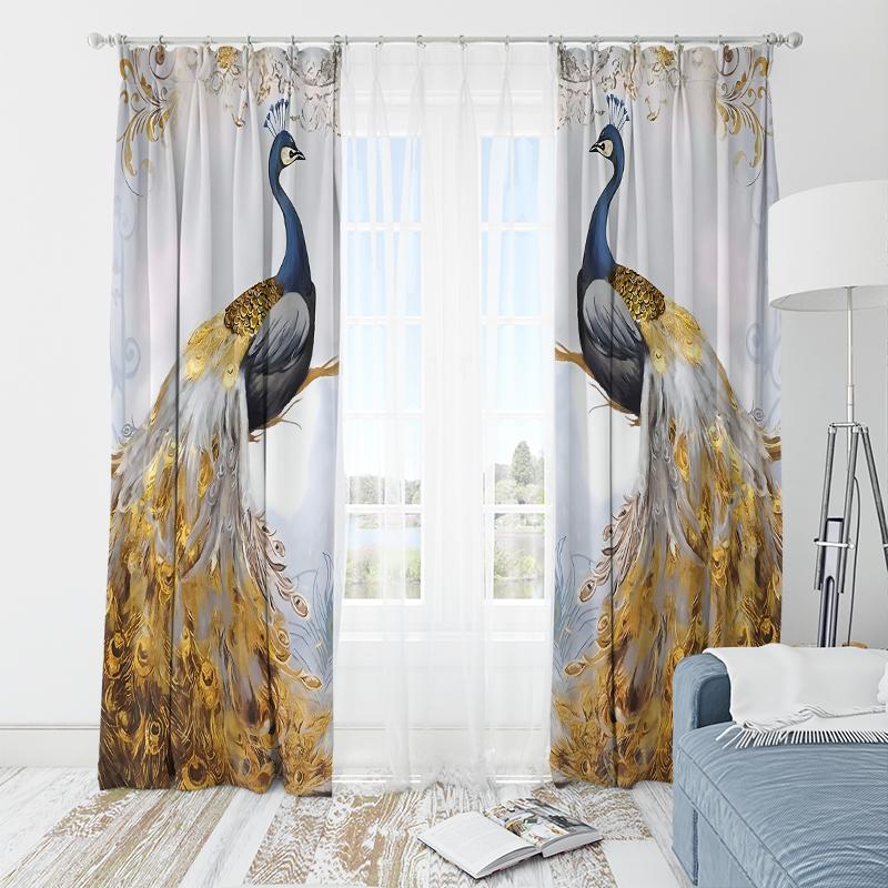 2pcs- Golden Elegant Peacock Polyester Fabric Curtains, Bathroom, Bedroom, Living Room, and Family Space Ornamental Curtains