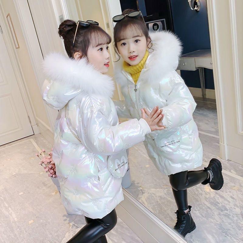 Thicken Casual Jackets Kids Winter Glossy Coats Baby Girl Plush Hooded Outerwear Children Zipper Parkas Fashion Cute Overcoat