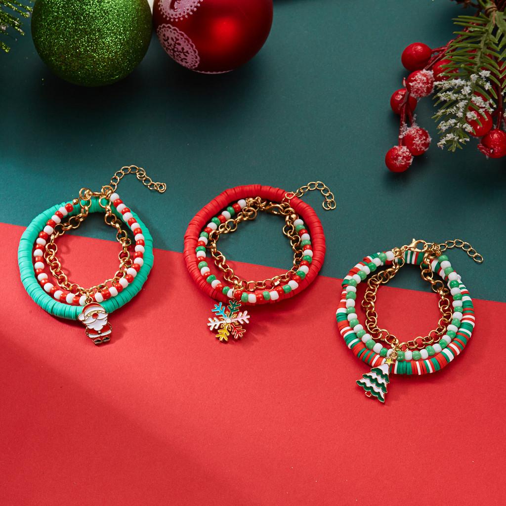 Christmas Resin Clay Bracelet Set With Snowflake Tree And Santa Pendants For Women Gift