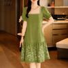 Damen Freizeit Quadratischer Kragen Sommer Kurzarm Druckkleid