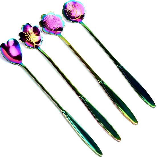 Stainless Steel Creative Long Handle Spoon Set - Mixing, Tea, Cake, Sugar, Dessert, Ice Cream, Cocktail Stirring, Coffee, Milkshake, Cold Drink - 4