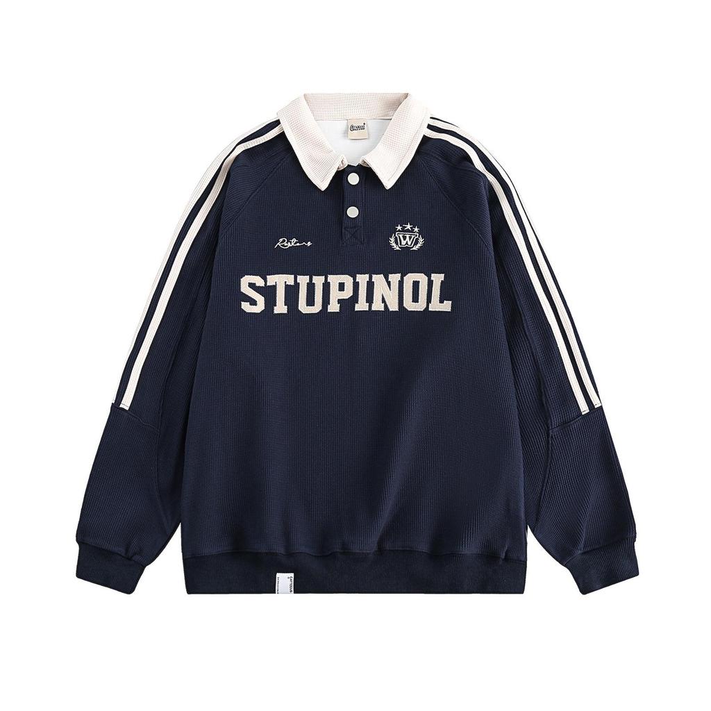 Women's Retro Striped Color Block Pullover Sweatshirt with Letter Embroidery - Casual College Style