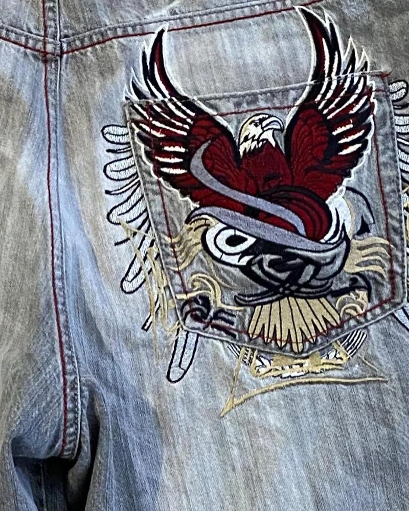 Y2K American Skull Beautiful Fashion Embroidered Loose Denim Shorts Men's 2024 Summer New Street Fashion Gothic Retro Basketball Shorts