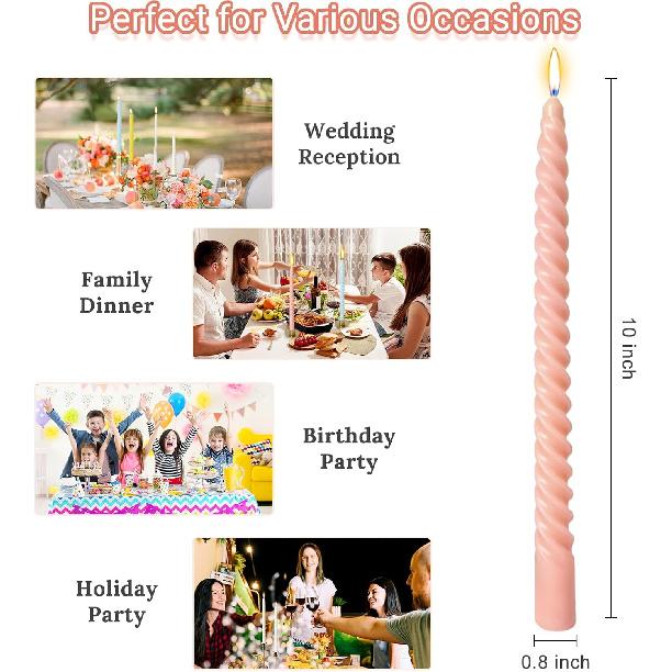 10 Inch Cream Spiral Taper Candles for Home Decoration, 12 Pack Candy-Color Candlesticks for Dinner Party Wedding Holiday