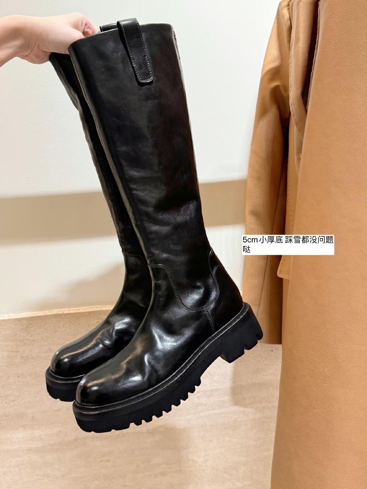 

Cowhide version~ pleated leather thick-soled stacked boots women s rear zipper thick heel muffin tall knight boots long boots 40 чёрный