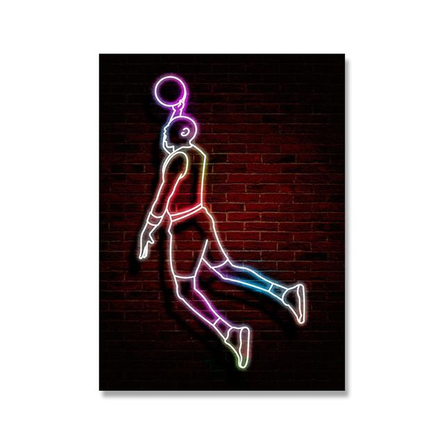 Neon Light Art Canvas Painting Abstract Fancy Basketball Sport Posture Poster Street Wall Art for Kids Boys Room Home Decoration