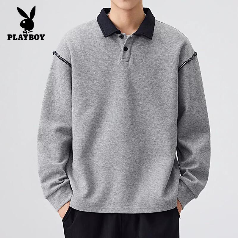 PLAYBOY Men's Long Sleeve Polo Neck Pullover Sweatshirt