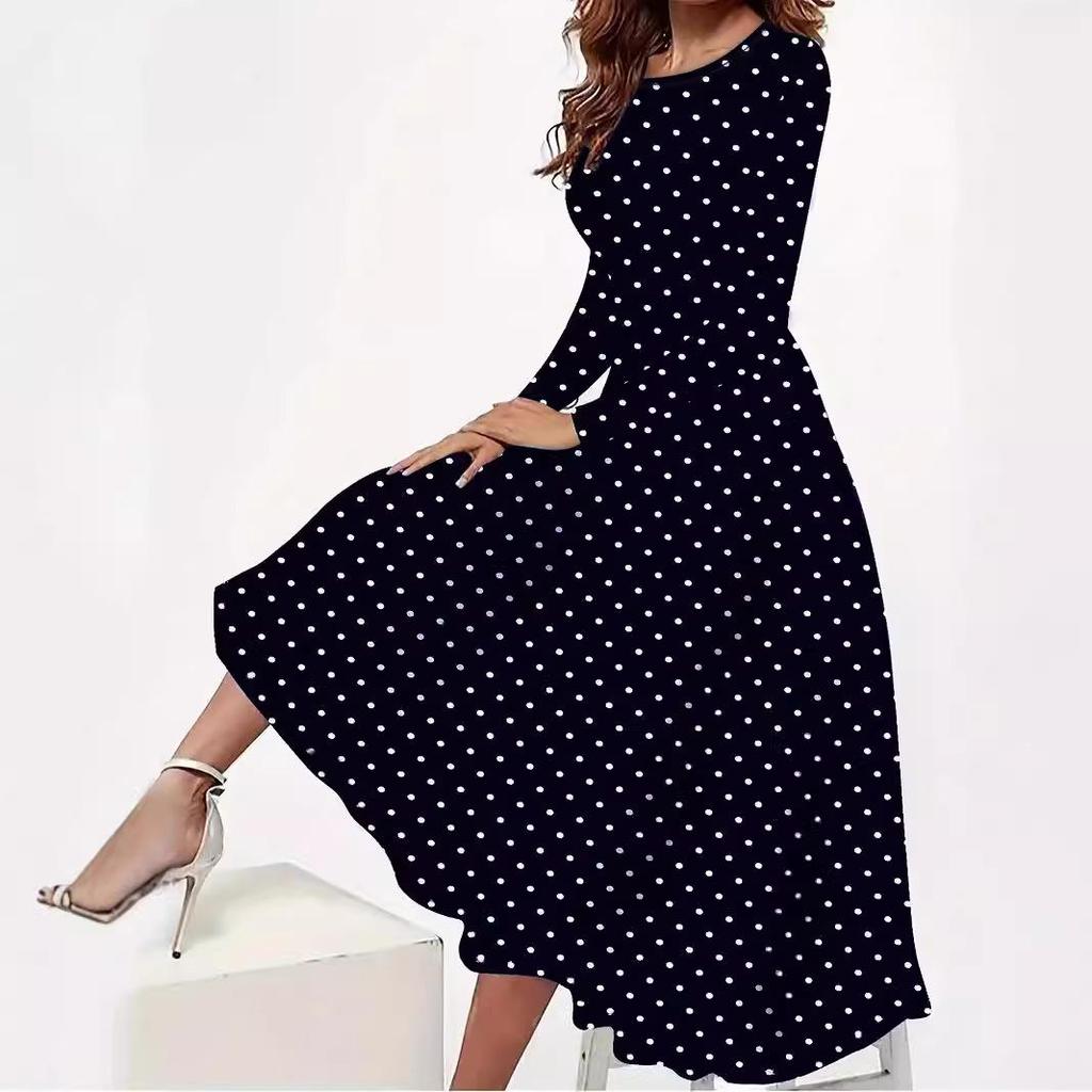 Elegante Vestito a Pois con Maniche Lunghe, Girocollo e Tasche 2026
