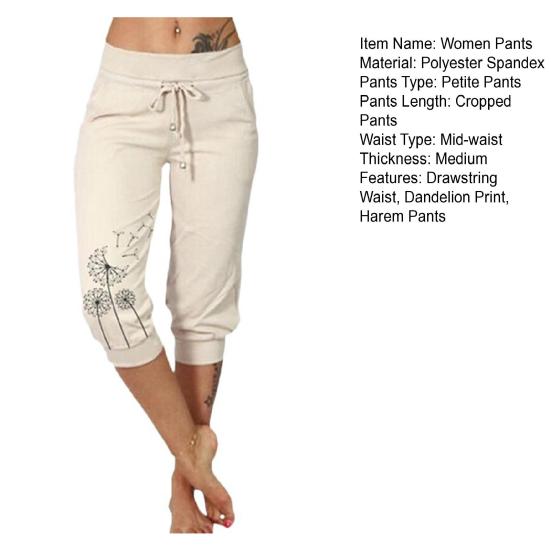 Kvinner Cropped Bukser Snøring Midje Sommer Harem Bukser Løvetanntrykk Uformelle sporty bukser med lomme for kvinner