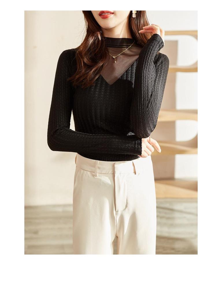 2023 Women's Autumn Long-Sleeve Lace Mesh Top with Half-High Collar