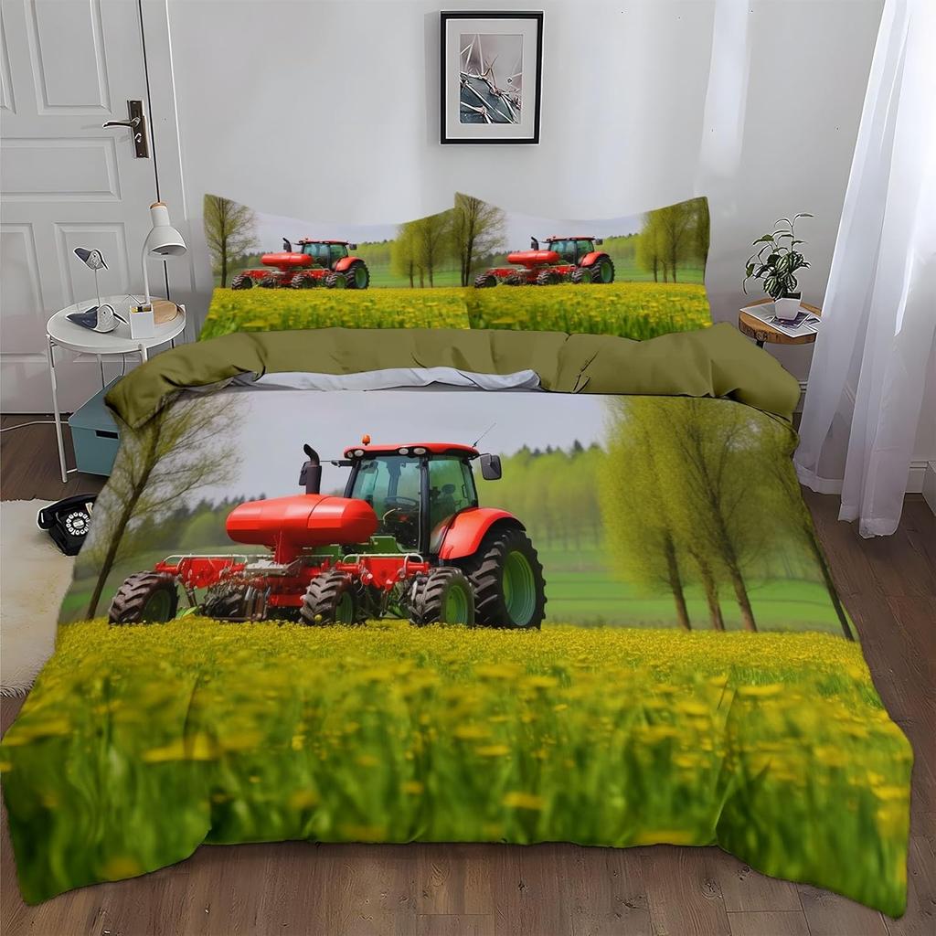 Kids Single Duvet Cover Set for Boys, Cartoon Car Tractor Excavator Bedding for Teenage Boy, Equipment Trucks Quilt Cover set