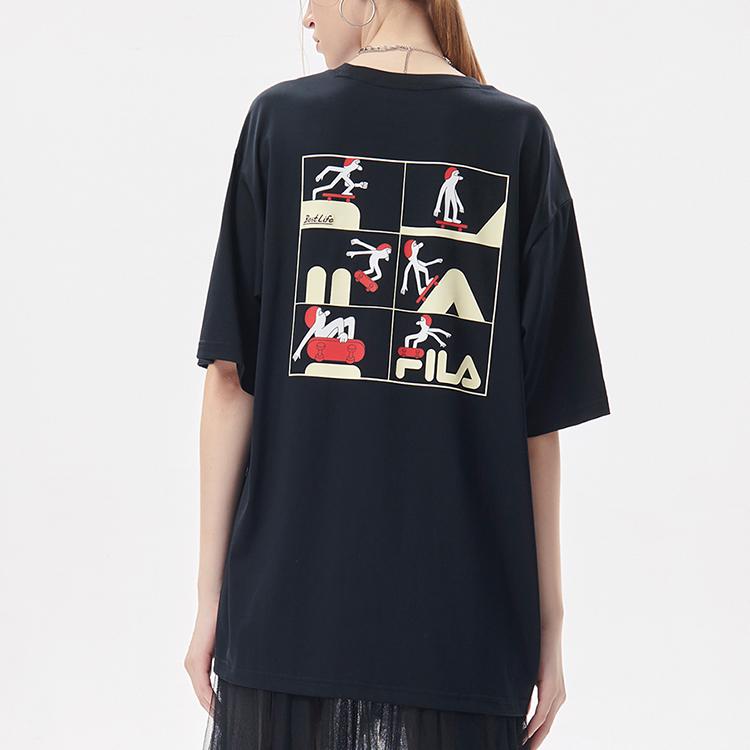 FILA Fusion x Jeremyville Collaboration Streetwear Skateboard Print Loose Fit Short Sleeve T-Shirt Unisex tops Deep-Black T11U139103FBK