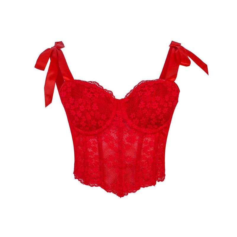 Spitzen-Schleifenband Korsett-Oberteil durchsichtiges Netz Bustier Crop-Top mit Stäbchen für Damen
