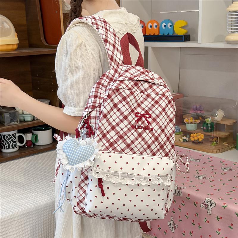 Cute Gingham Polka Dot School Backpack with Bow Detail Lace Trim Lightweight Zipper Daypack for Teen Girls Travel