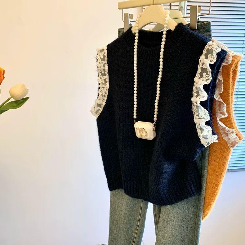 Dámská retro krajková pletená vesta v korejském stylu, líná panelová, s kulatým výstřihem, volná bez rukávů, top, svetr na podzim a zimu