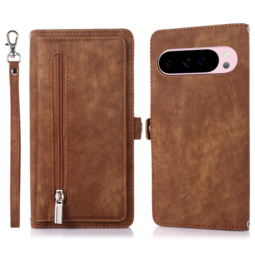 For Google Pixel 10 Pro XL/9 Pro XL Case Zipper Pocket 9 Card Slots PU Leather Phone Cover with Wrist Strap