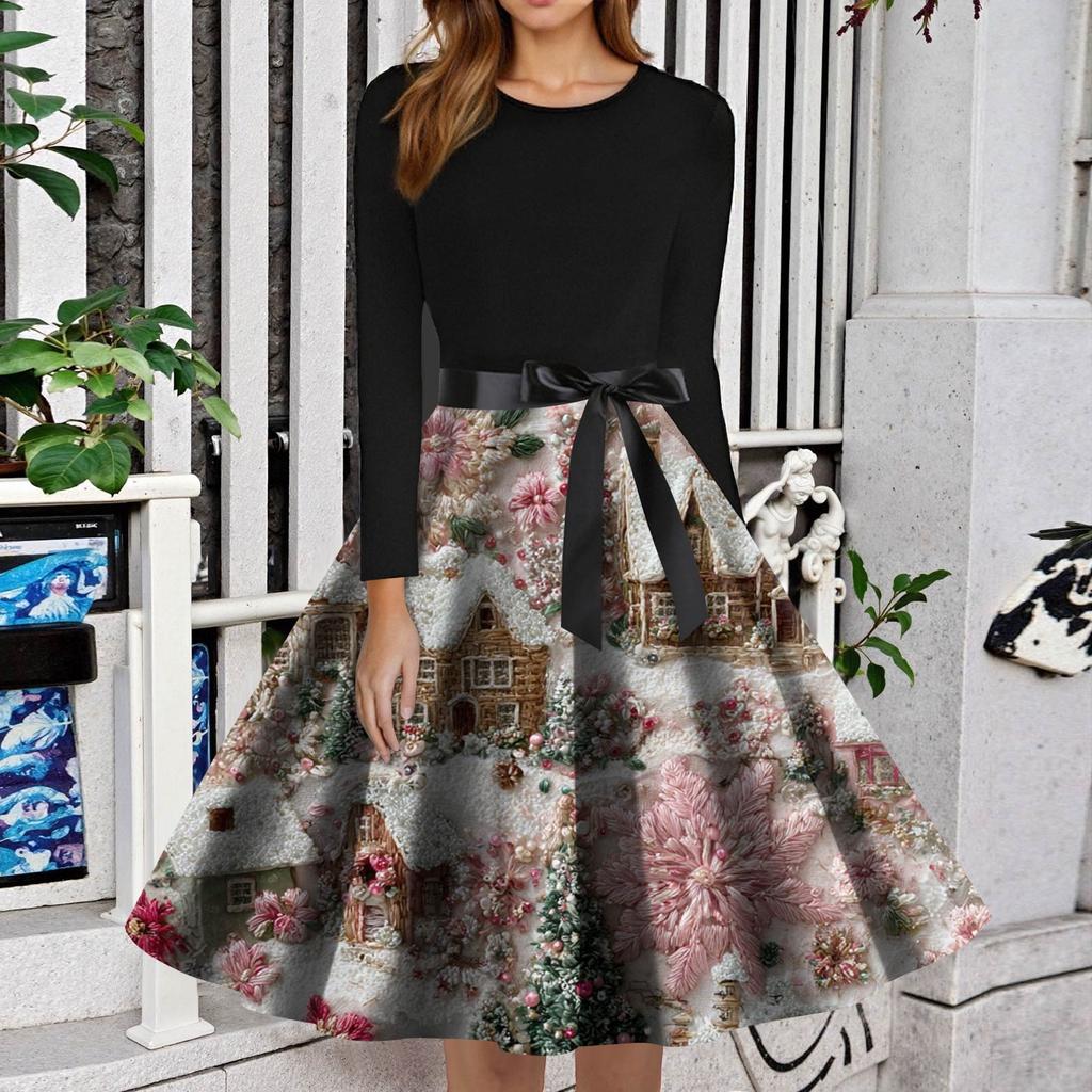 Women's Fashion Round Neck Slim-Fit Christmas Print Long-Sleeved Dress