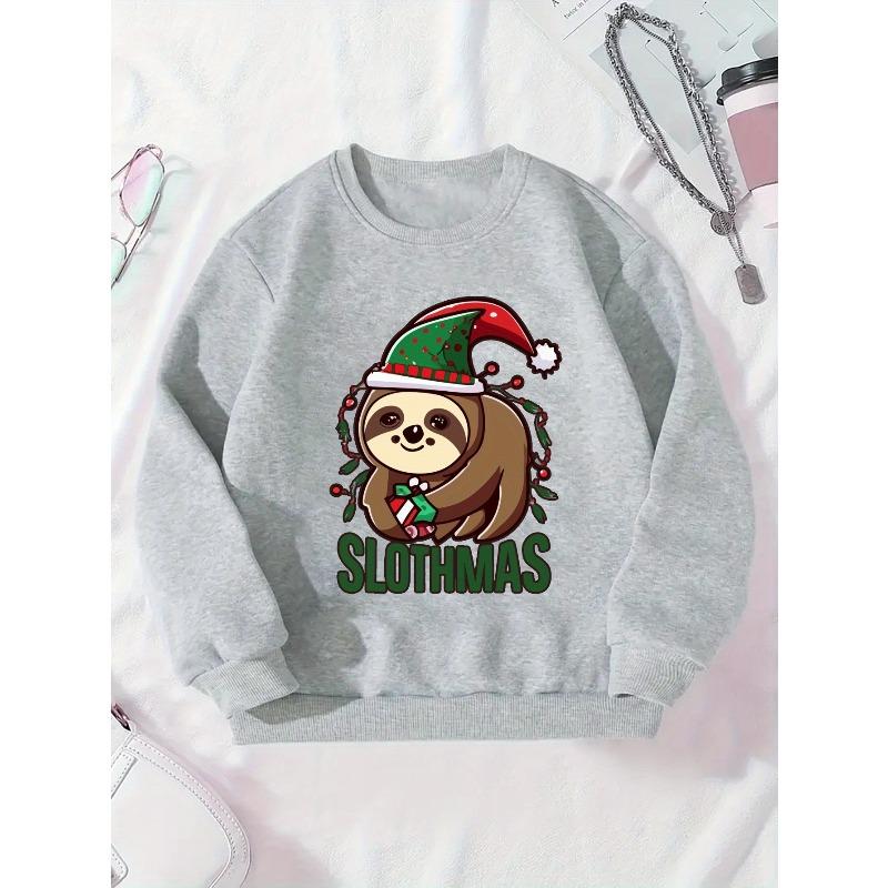 Girls' Cute Sloth Christmas Sweatshirt with SLOTHMAS Lettering & Sloth Santa Hat Print - Cozy Grey Round Neck Pullover