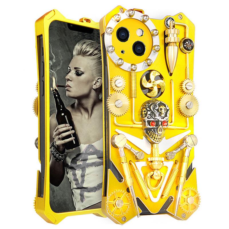 

For iPhone 15 Plus Steampunk Phone Case Kickstand Metal Skull Gear Cover Gold