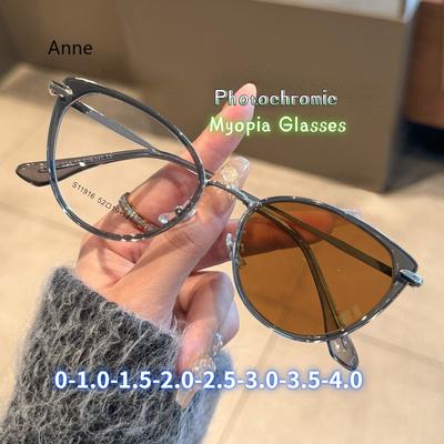 Išmanūs fotochrominiai anti-UV akiniai nuo saulės moterims ir vyrams, prabangūs katės akių formos rėmeliai, baigti receptiniai akiniai su minusu, dioptrijų skaičius 0–1,5