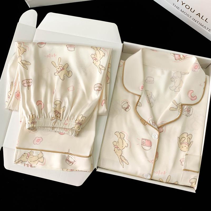 Cream Wind Autumn Cute Cartoon Rabbit Print Ice Silk Pajamas Long Sleeves Trousers Loungewear M