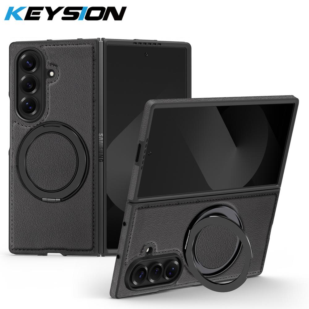 KEYSION 360° Rotating Magnetic Ring Stand PU Leather Case for MagSafe for Samsung Z Fold 7 5G Wireless Charging Phone Back Cover