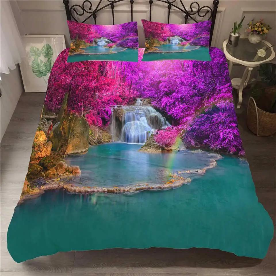 Waterfall Duvet Cover Set Natural Scenery Quilt Cover Pillowcase Landscape Forest Waterfall Queen Size Polyester Bedding Set