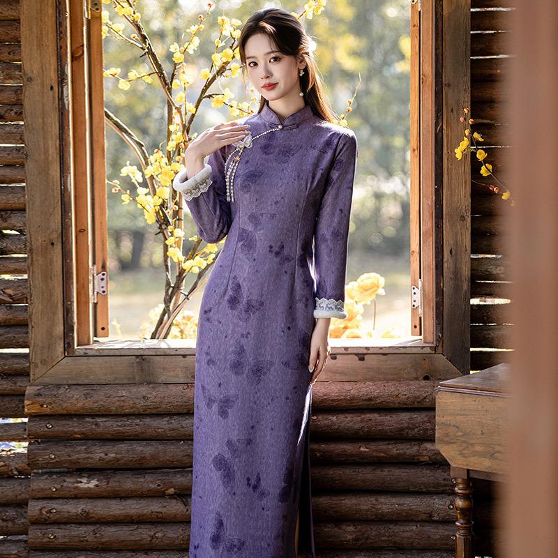 Purple Velvet Thickened Winter Clothing National Style New Chinese Long-sleeved Cheongsam Improved New Women's Retro Waist Winter