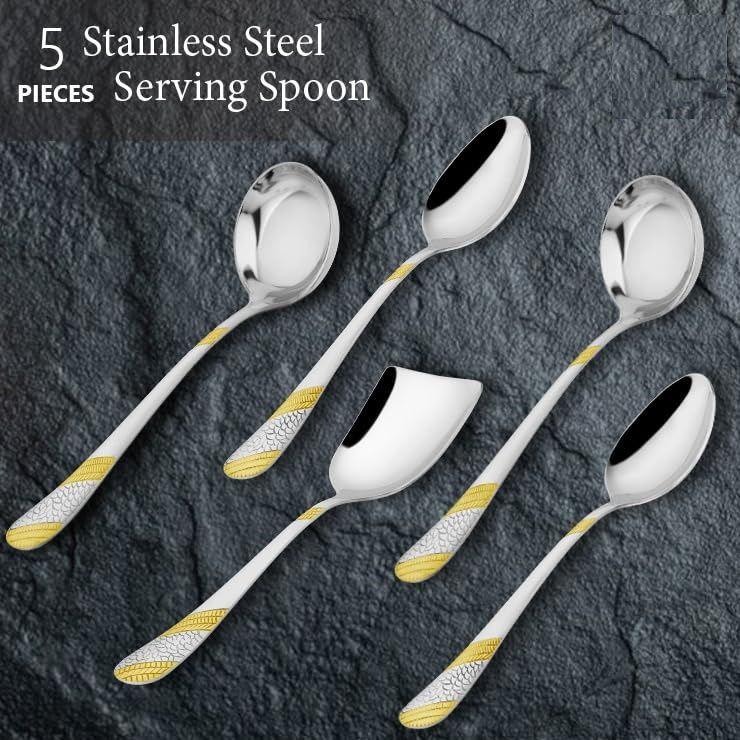 5 Pieces Stainless Steel Golden Serving Spoon Set for Dining Table/Kitchen, 1.8 Mm Heavy Gauge