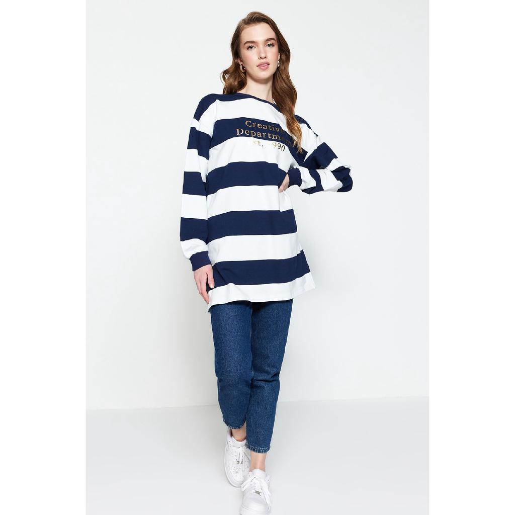 Navy Blue Striped Printed Knitted Tunic Tctss23uk00041