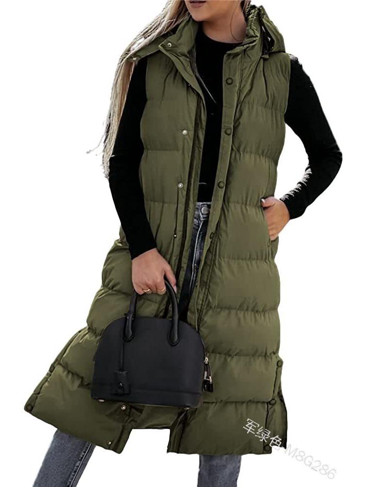 Women's 2023 Casual Hooded Mid-Length Solid Color Zipper Vest Coat
