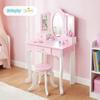 Grande Coiffeuse En Bois Rose Pour Enfant Avec Triple Miroir, Tabouret Et Stickers (GS3303)