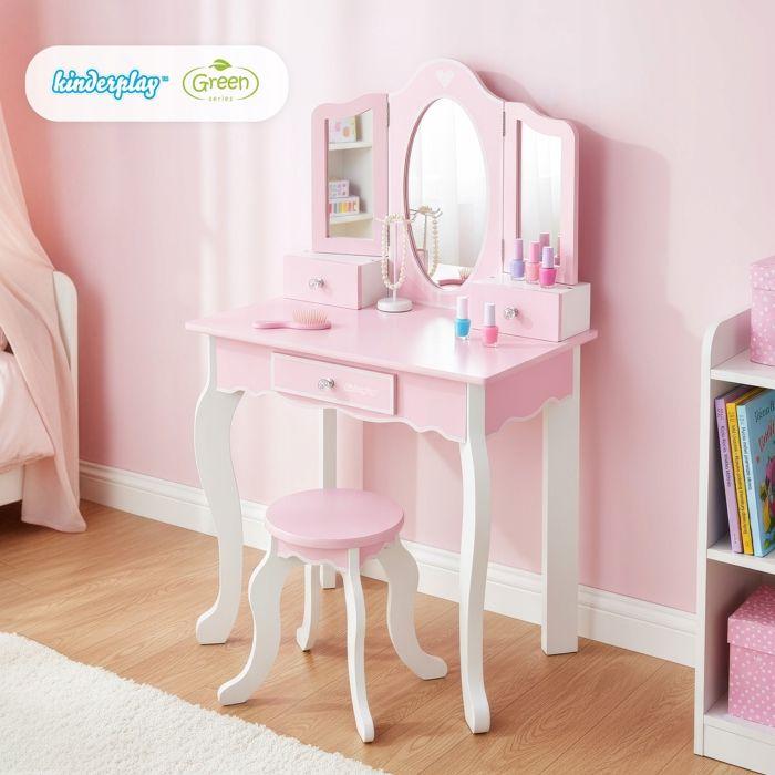 Grande Coiffeuse En Bois Rose Pour Enfant Avec Triple Miroir, Tabouret Et Stickers (GS3303)