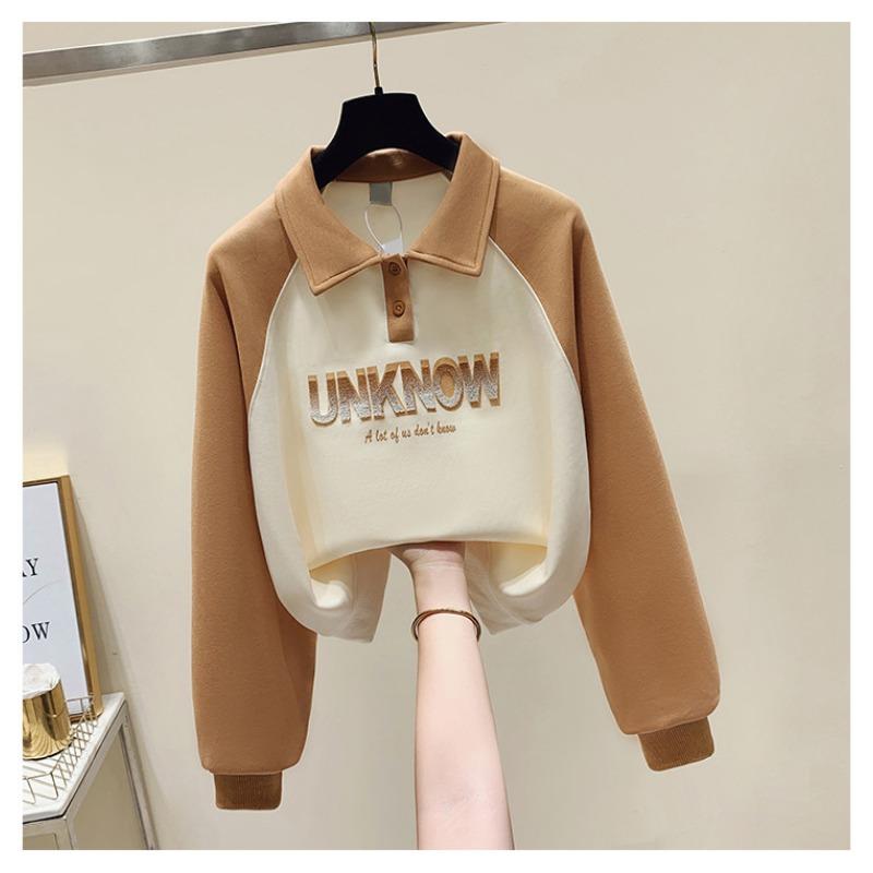 

Женская толстовка с воротником-поло и длинными рукавами на весну и осень, свободная, с буквенным принтом, контрастная, универсальная XXL кофейный