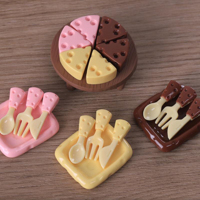 DIY Miniature Cheese Knife & Fork Set with Plate Figurine Keychain Resin Jewelry