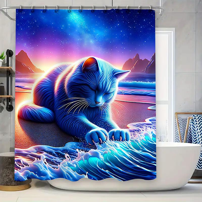 

Colorful Cat Shower Curtain Modern Bath Decor With Cosmic Ocean Scene For Home Bathroom Blue Lighting Effect W60H190(CM)-1 Pcs