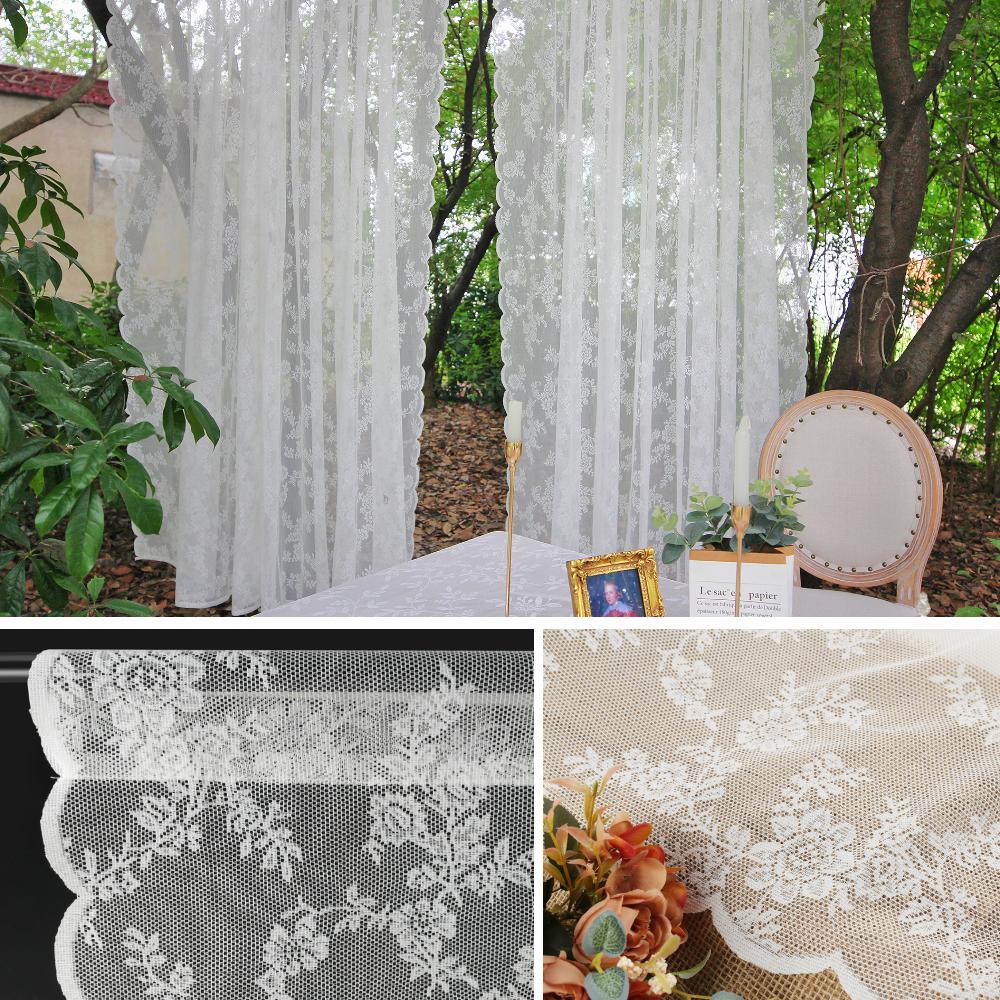 White Floral Embroidered Lace Sheer Curtains Rod Pocket Window Voile Drapes for Living Room Bedroom Wedding Stage Decor
