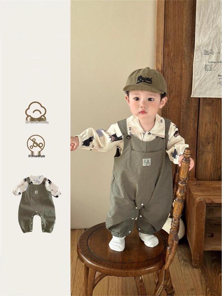 Boys' Autumn 2025 Korean Style Cartoon Shirt & Overalls Set - Fashionable Spring Outfit for Babies