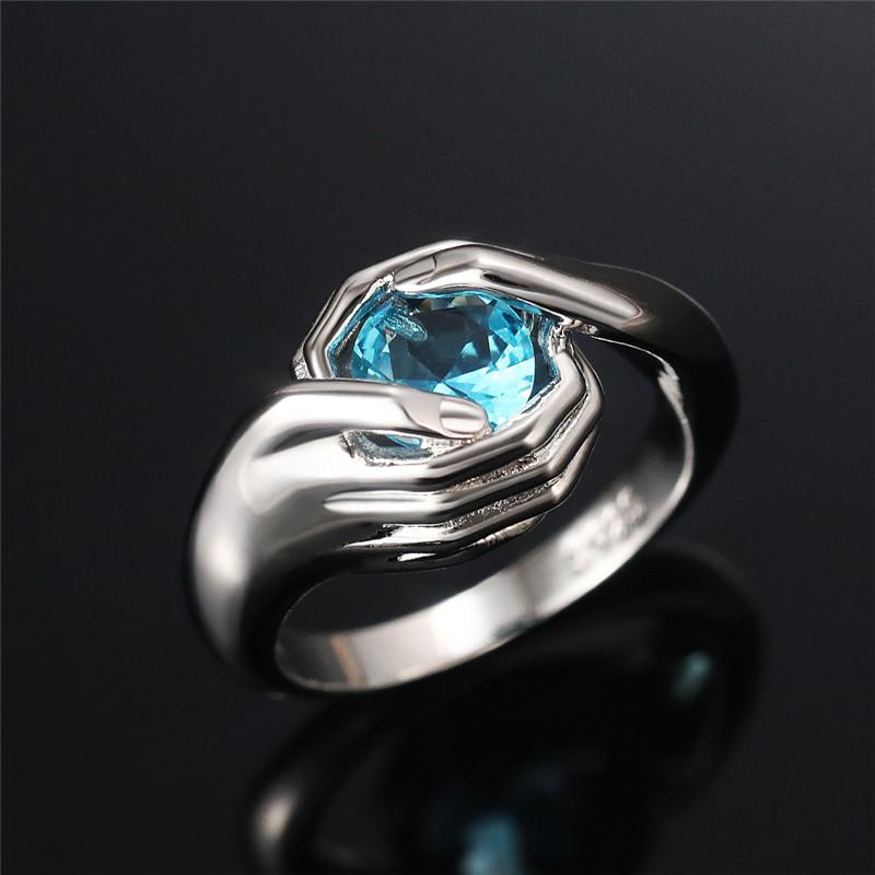 Noua personalitate Hands Hug Design Inele feminine cu zirconiu cubic albastru rotund Hip Hop Inele cool Bijuterii de modă pentru femei