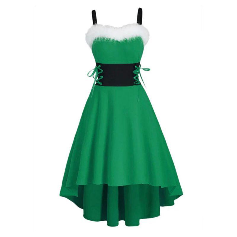 

Fashion Fur Collar Color Matching Shoelace Waist-Tight Christmas and New Year Party Strap Silm Irregular Dress Green 2XL