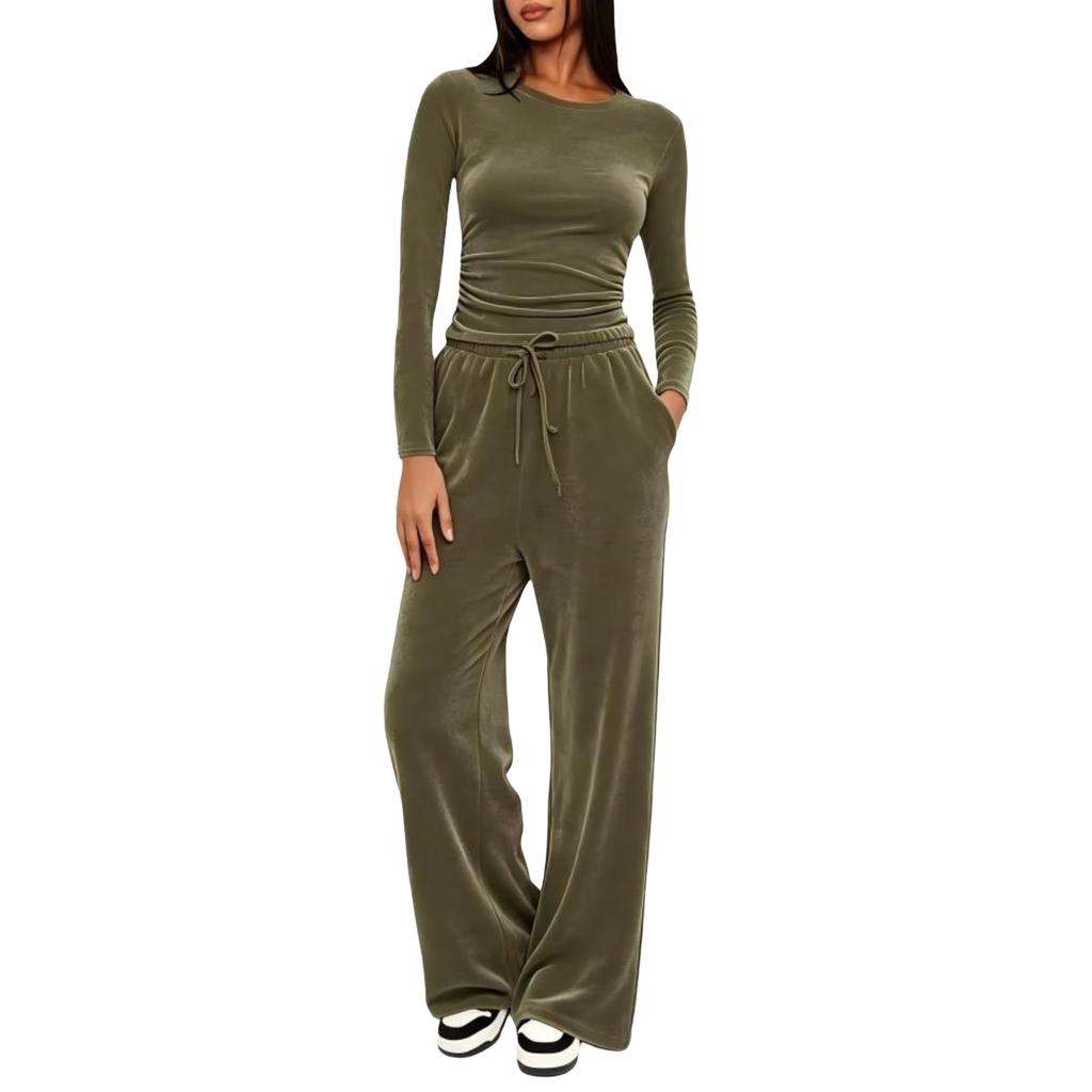 Women's Fashion Casual Activewear Set Long Sleeve Top and High Waist Wide Leg Pants Color Two Piece Outfit