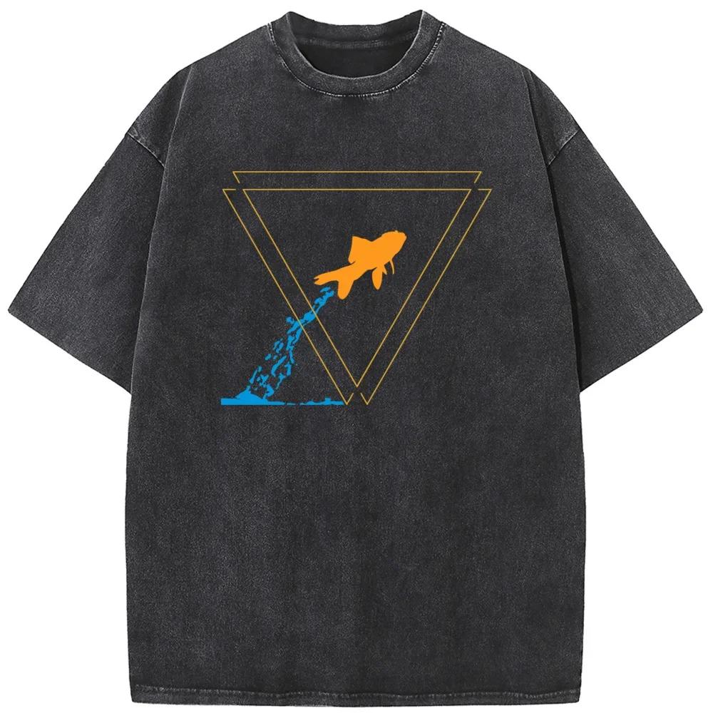 Triangle Goldfish Unisex Washed T-Shirt Novelty 230g Cotton Summer O-Neck Bleached Tshirt Funny Casual Loose Bleach Tops Tee