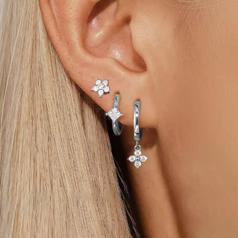 3PCS Crystal Flower Tragus Stud Earring Set Women Fashion Square Huggie Hoop Earring Bulk Cartilage Helix Jeweley Lobe Piercing