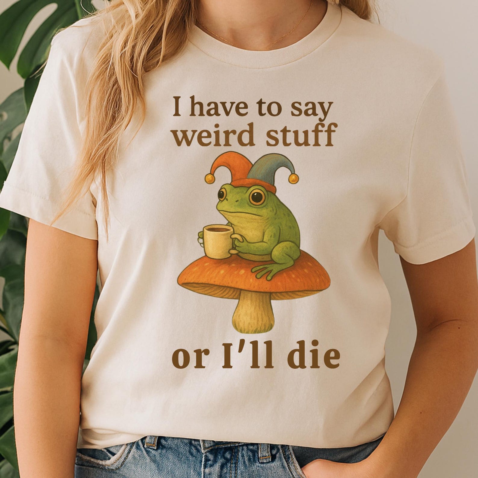 Cottagecore Frog Coffee T-Shirt, Whimsical Jester Mushroom Tee 4XL