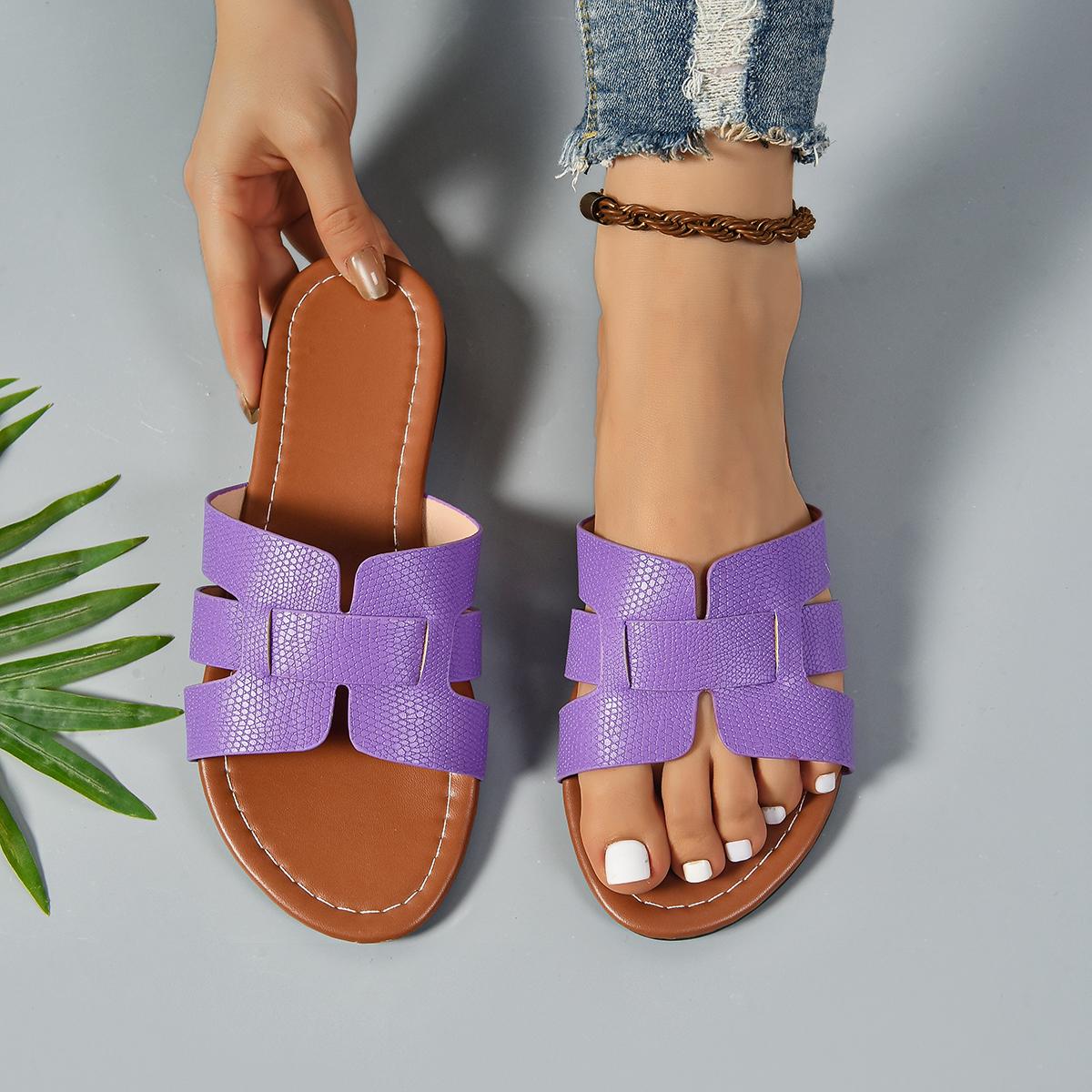 

Модные летние новые женские тапочки с плоской подошвой, нескользящие, для отдыха на открытом воздухе, с открытым носком, пляжные женские сандалии, сексуальные модные дизайнерские шлепанцы, женская обувь 42 фиолетовый