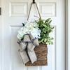 Faux Hydrangea Door Hanger Basket Wreath Spring Summer Artificial Flower in Wicker Basket with Bow Front Door Hanging Flower Basket for Home Farmhouse